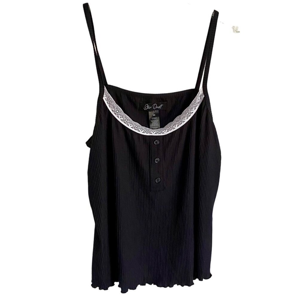Start Dust Ribbed Black Sleeveless Top Lace Trim Women's 2X